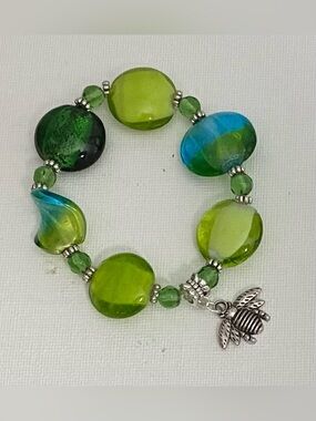 #5 Lampwork Teal & Green glass  bead  stretch bracelet